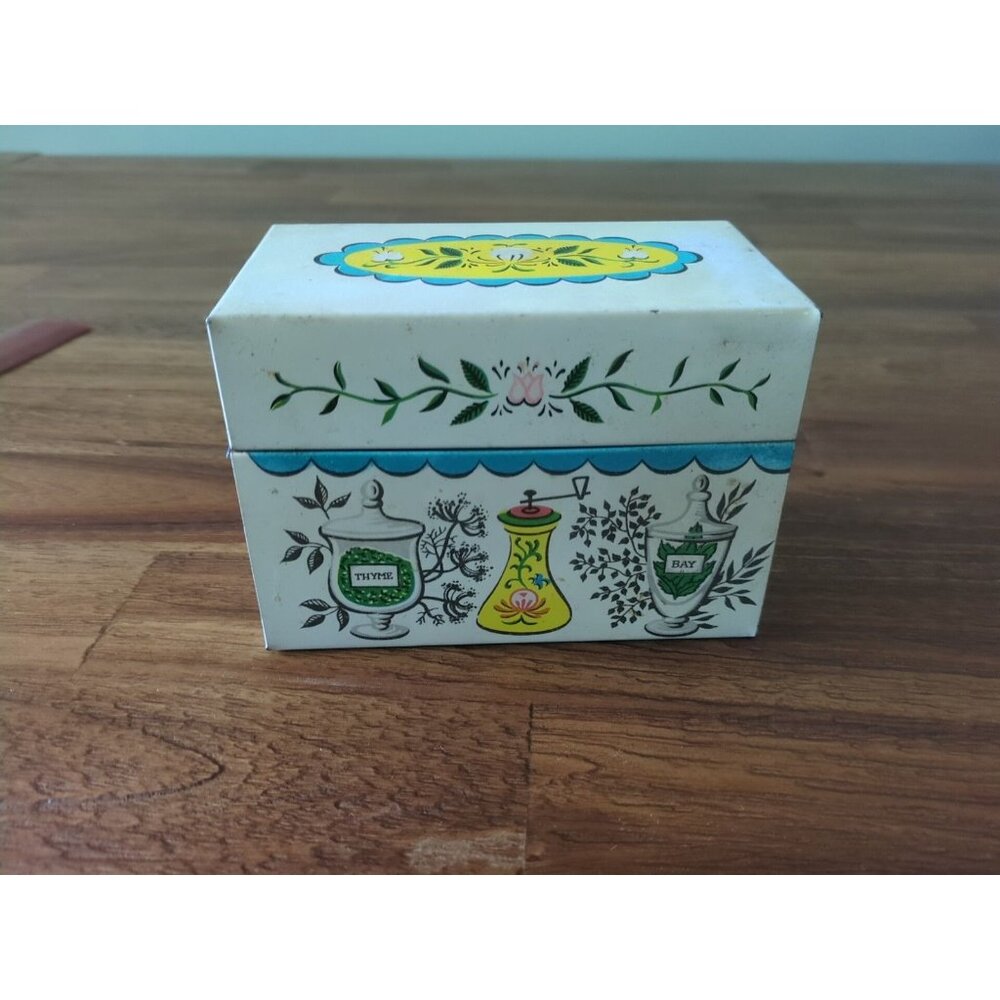 Vintage Recipe Box Tin Lithograph Herbs & Spices Design J Chen & Co Retro